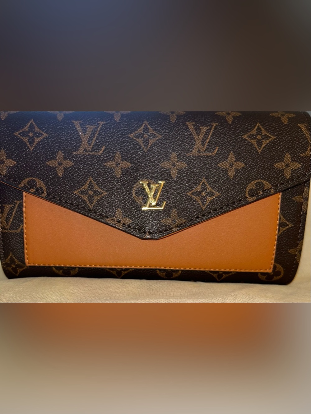Inspired Louis Vuitton Brown Monogram & Tan Envelope Clutch and Crossbody purse.
